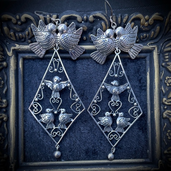 Mexican Sterling Silver Filigree Bird Earrings 925 - Picture 1 of 7